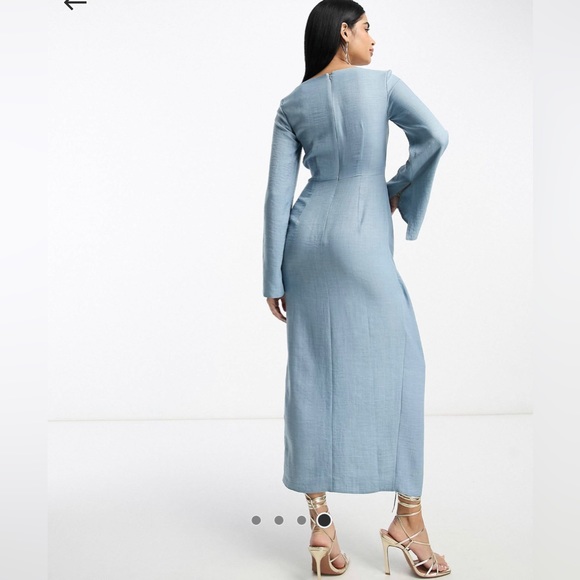 ASOS DESIGN square neck fluted mid dress in denim blue. Size US 4, small. - Picture 3 of 6